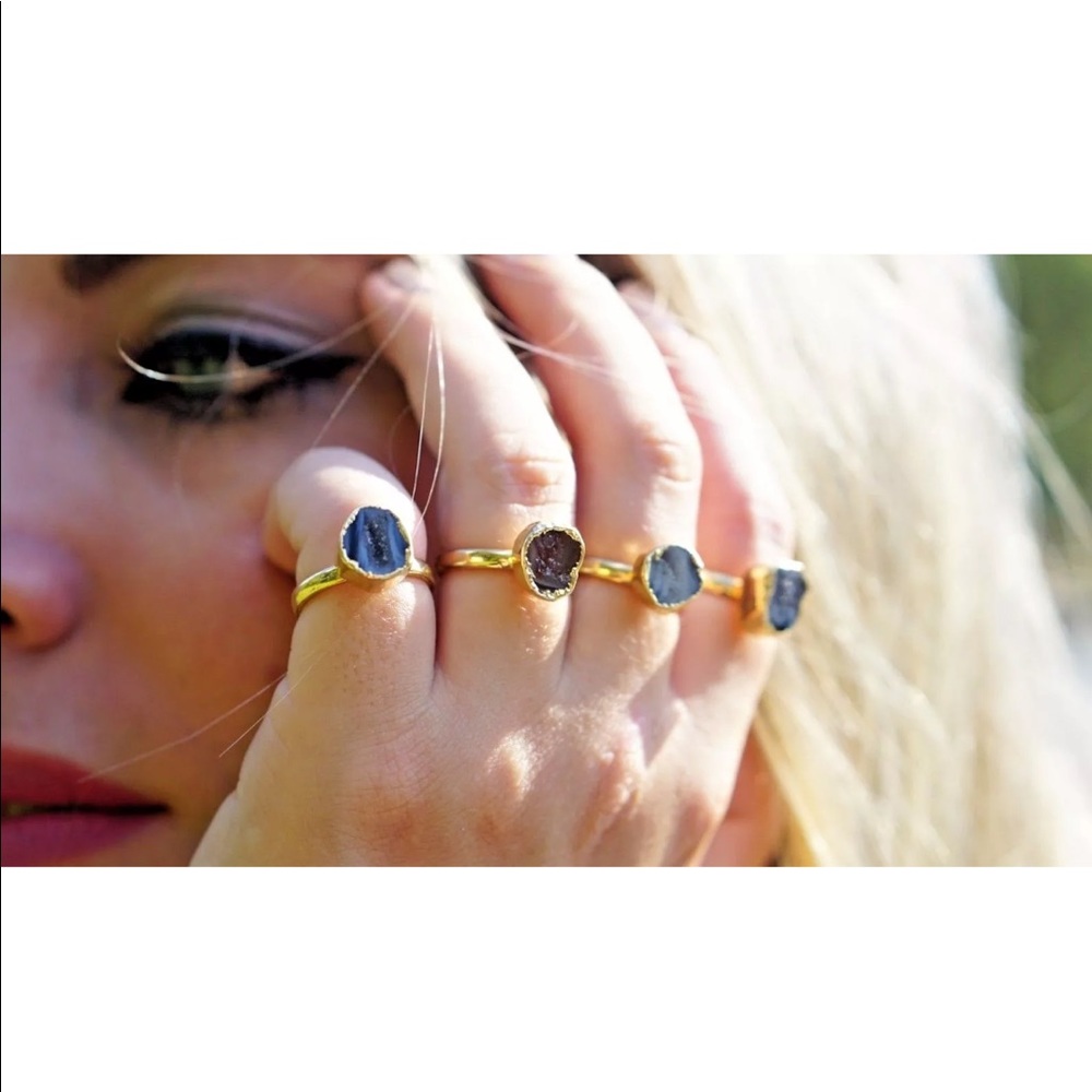 Genuine Gem Stone Geode Gold Plated Ring Druzy